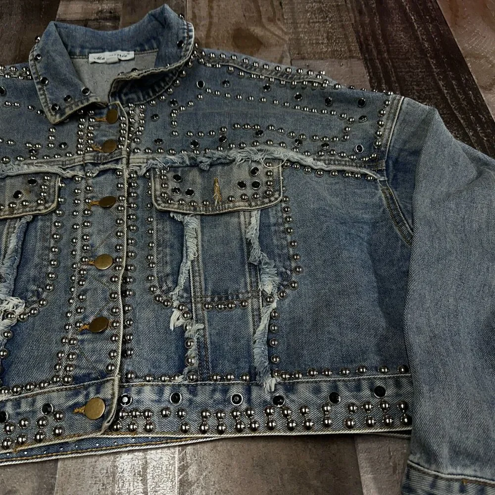 Ma Cherie Denim Jacket Womens Trucker Rhinestone Studded Jacket Size‎ Large